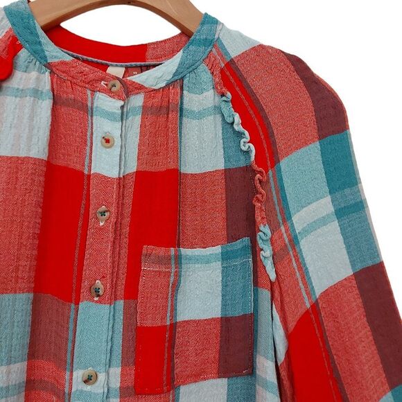 Anthropologie Pilcro Breeze Plaid Blouse Womens XS Red Blue Button Raglan Sleeve - Picture 4 of 12